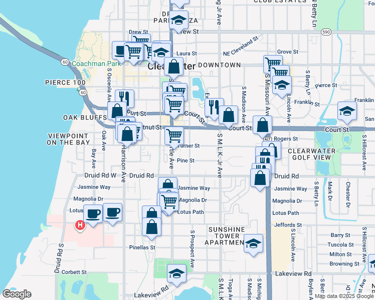 map of restaurants, bars, coffee shops, grocery stores, and more near 902 Pine Street in Clearwater