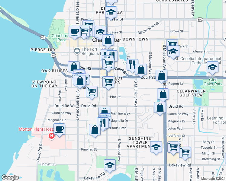 map of restaurants, bars, coffee shops, grocery stores, and more near 803 Pine Street in Clearwater