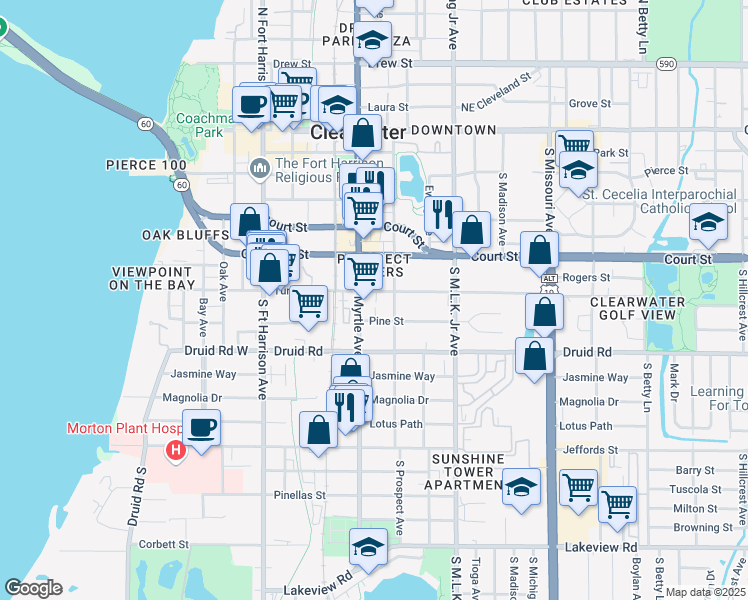 map of restaurants, bars, coffee shops, grocery stores, and more near 613 South Myrtle Avenue in Clearwater