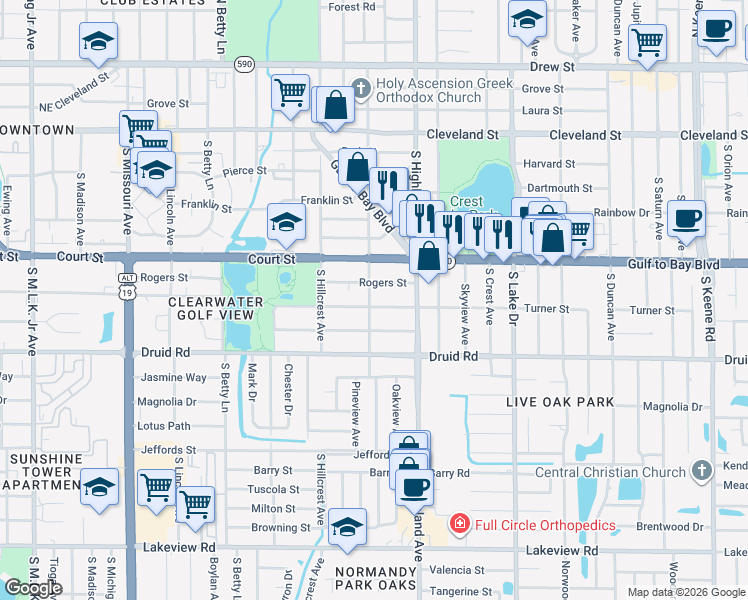 map of restaurants, bars, coffee shops, grocery stores, and more near 1439 Turner Street in Clearwater