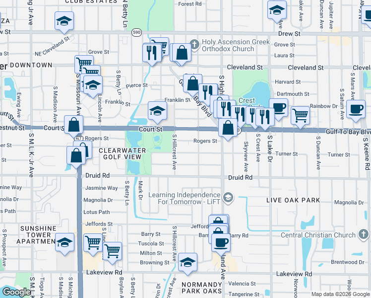 map of restaurants, bars, coffee shops, grocery stores, and more near 609 South Hillcrest Avenue in Clearwater