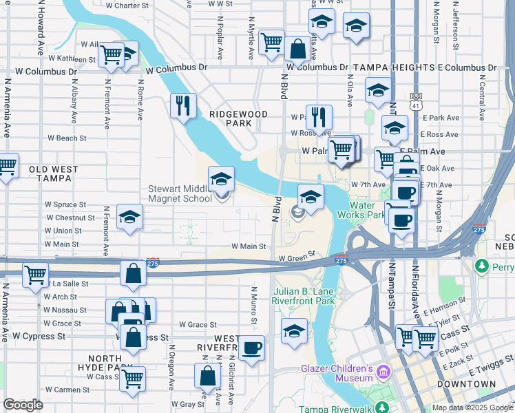 map of restaurants, bars, coffee shops, grocery stores, and more near 956 West Chestnut Street in Tampa