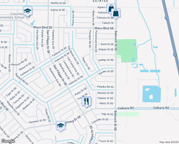map of restaurants, bars, coffee shops, grocery stores, and more near 1546 Paley Circle Southeast in Palm Bay