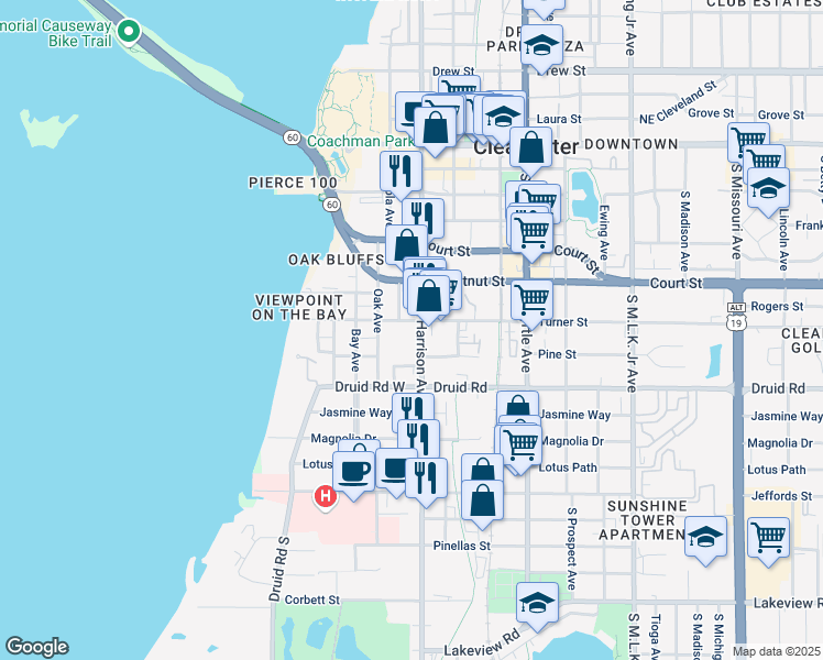 map of restaurants, bars, coffee shops, grocery stores, and more near 639 Pine Street in Clearwater
