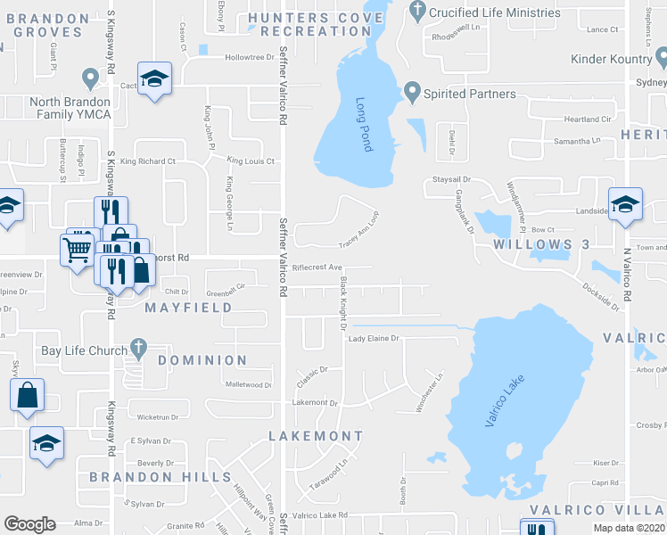 map of restaurants, bars, coffee shops, grocery stores, and more near 1020 Riflecrest Avenue in Valrico