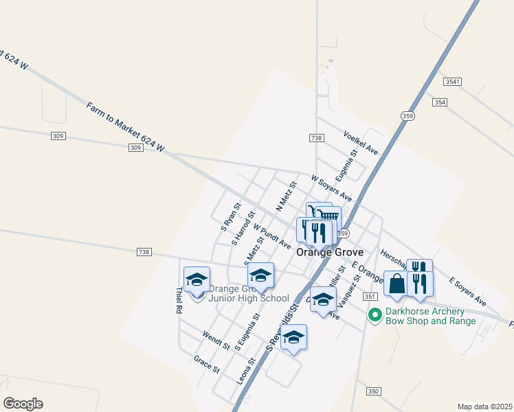 map of restaurants, bars, coffee shops, grocery stores, and more near West Orange Avenue in Orange Grove