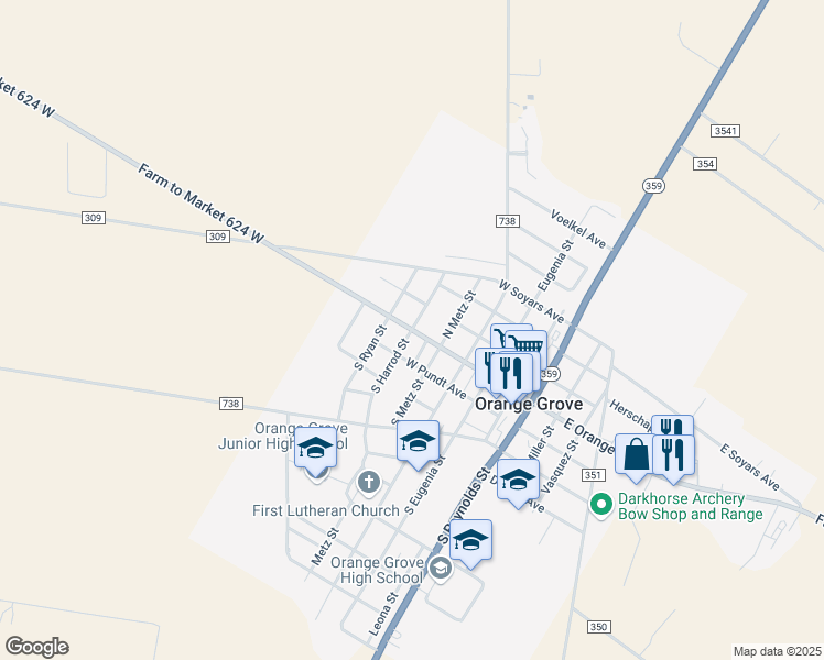 map of restaurants, bars, coffee shops, grocery stores, and more near West Orange Avenue in Orange Grove