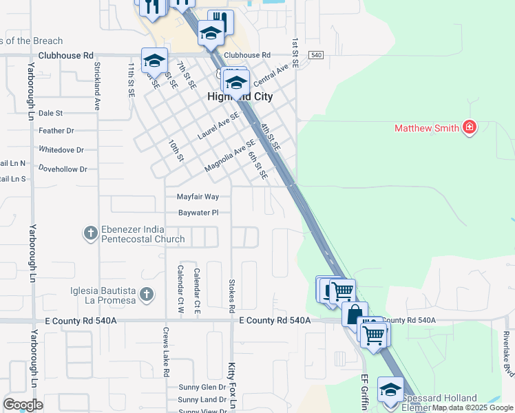 map of restaurants, bars, coffee shops, grocery stores, and more near 4316 Hedge Drive South in Lakeland