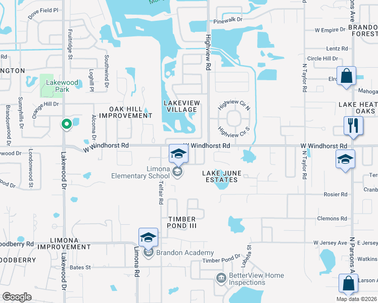 map of restaurants, bars, coffee shops, grocery stores, and more near 1209 Windy Ridge Drive in Brandon