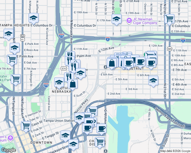 map of restaurants, bars, coffee shops, grocery stores, and more near 1620 Nuccio Parkway in Tampa