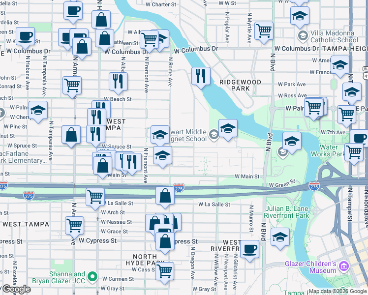 map of restaurants, bars, coffee shops, grocery stores, and more near 1527 West Spruce Street in Tampa