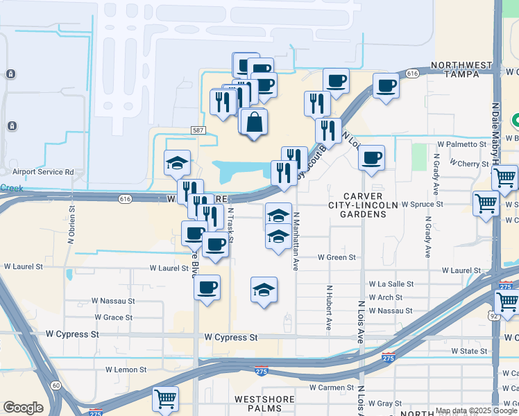 map of restaurants, bars, coffee shops, grocery stores, and more near 4504 West Spruce Street in Tampa