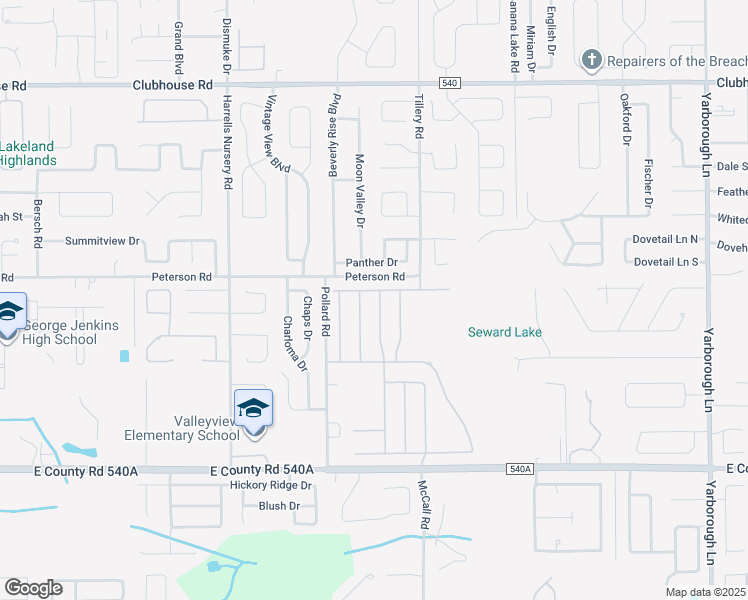 map of restaurants, bars, coffee shops, grocery stores, and more near 3079 Panther Drive in Lakeland