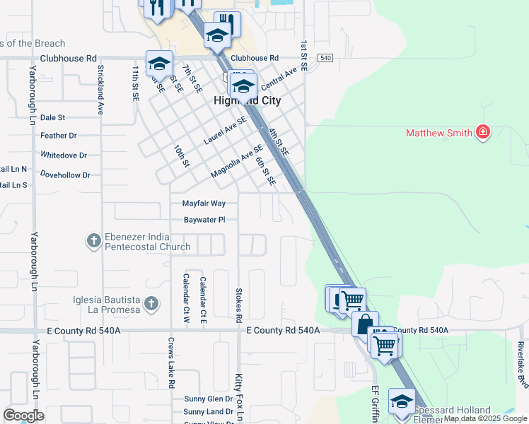map of restaurants, bars, coffee shops, grocery stores, and more near 5803 Charlton Drive in Lakeland