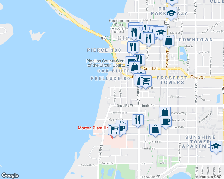map of restaurants, bars, coffee shops, grocery stores, and more near 55 Rogers Street in Clearwater