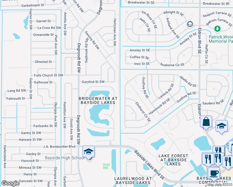 map of restaurants, bars, coffee shops, grocery stores, and more near 1684 La Maderia Drive Southwest in Palm Bay