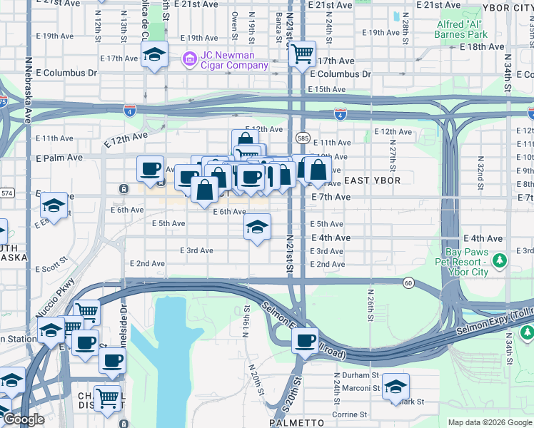 map of restaurants, bars, coffee shops, grocery stores, and more near 1927 East 7th Avenue in Tampa