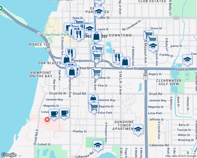 map of restaurants, bars, coffee shops, grocery stores, and more near 802 Turner Street in Clearwater