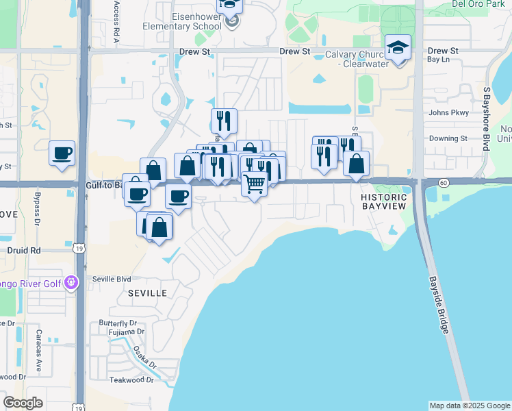 map of restaurants, bars, coffee shops, grocery stores, and more near 2855 Gulf to Bay Boulevard in Clearwater
