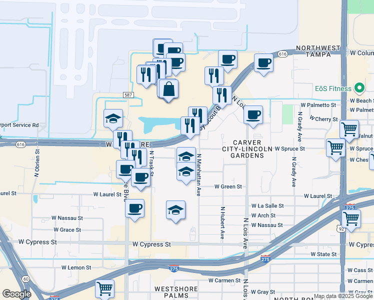 map of restaurants, bars, coffee shops, grocery stores, and more near 48920 West Spruce Street in Tampa