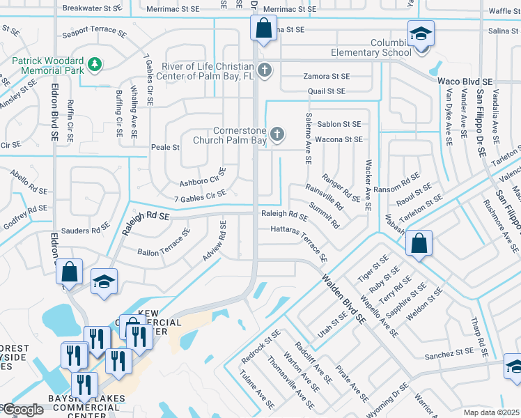 map of restaurants, bars, coffee shops, grocery stores, and more near 2900 Emerson Drive Southeast in Palm Bay