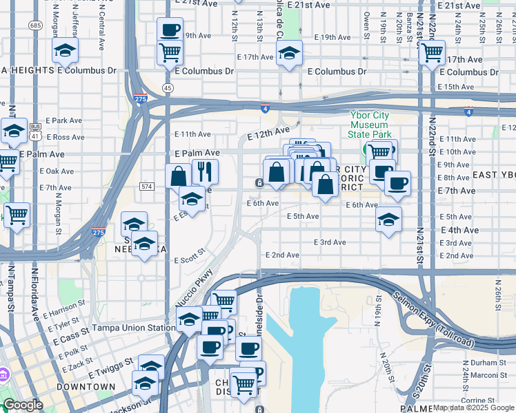 map of restaurants, bars, coffee shops, grocery stores, and more near in Tampa