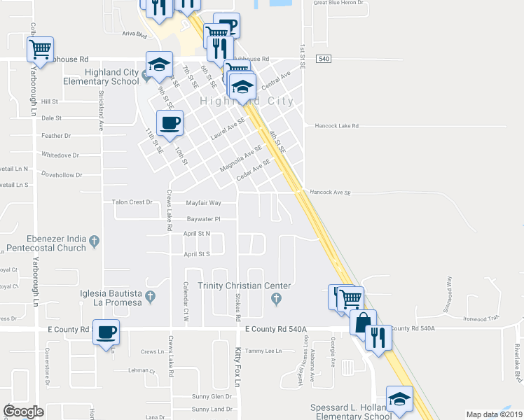 map of restaurants, bars, coffee shops, grocery stores, and more near 5803 Charlton Drive in Lakeland