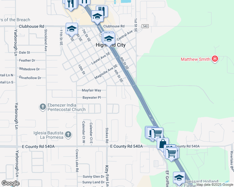 map of restaurants, bars, coffee shops, grocery stores, and more near 5803 Charlton Drive in Lakeland