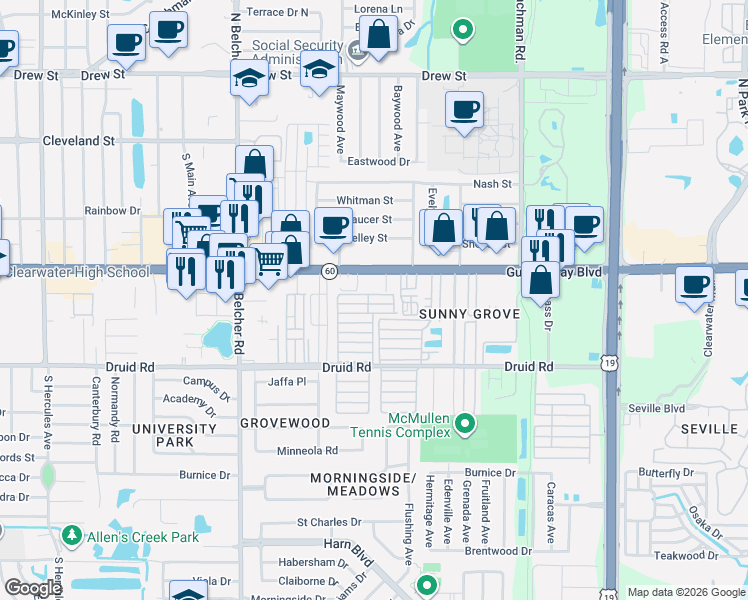 map of restaurants, bars, coffee shops, grocery stores, and more near 2355 Gulf to Bay Blvd in Clearwater