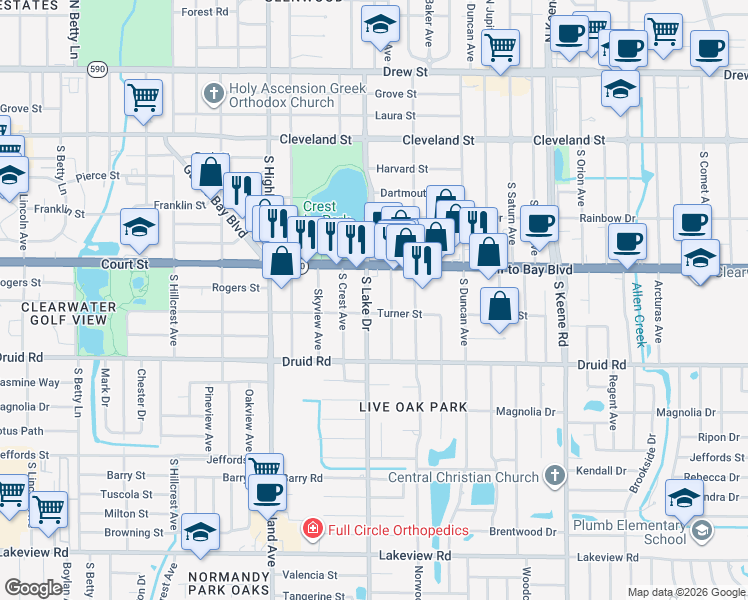 map of restaurants, bars, coffee shops, grocery stores, and more near 512 South Lake Drive in Clearwater