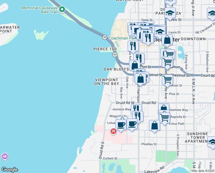 map of restaurants, bars, coffee shops, grocery stores, and more near 55 Rogers Street in Clearwater