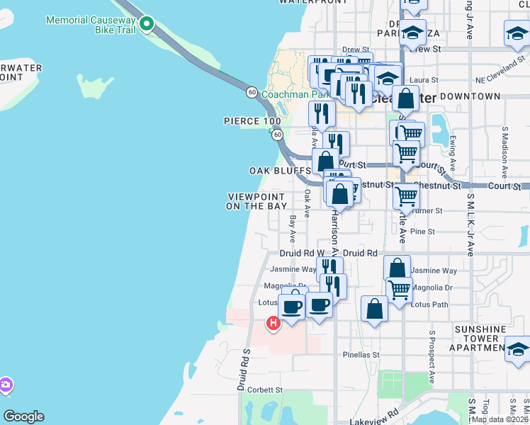 map of restaurants, bars, coffee shops, grocery stores, and more near 15 Turner Street in Clearwater