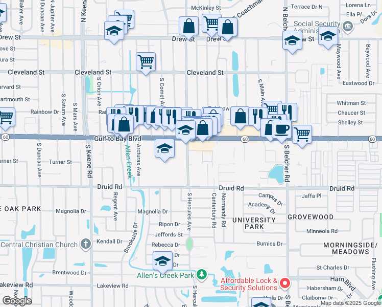 map of restaurants, bars, coffee shops, grocery stores, and more near 2015 Gulf to Bay Boulevard in Clearwater