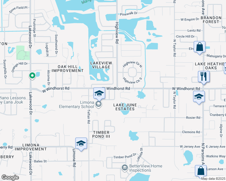 map of restaurants, bars, coffee shops, grocery stores, and more near 1329 Corner Oaks Drive in Brandon