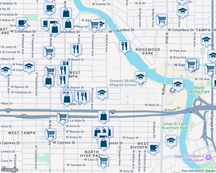 map of restaurants, bars, coffee shops, grocery stores, and more near 2021 North Rome Avenue in Tampa
