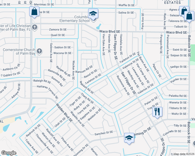 map of restaurants, bars, coffee shops, grocery stores, and more near 1206 Tarleton Street Southeast in Palm Bay