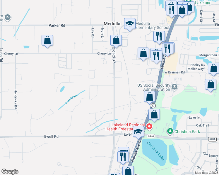 map of restaurants, bars, coffee shops, grocery stores, and more near 1005 Old South Drive in Lakeland