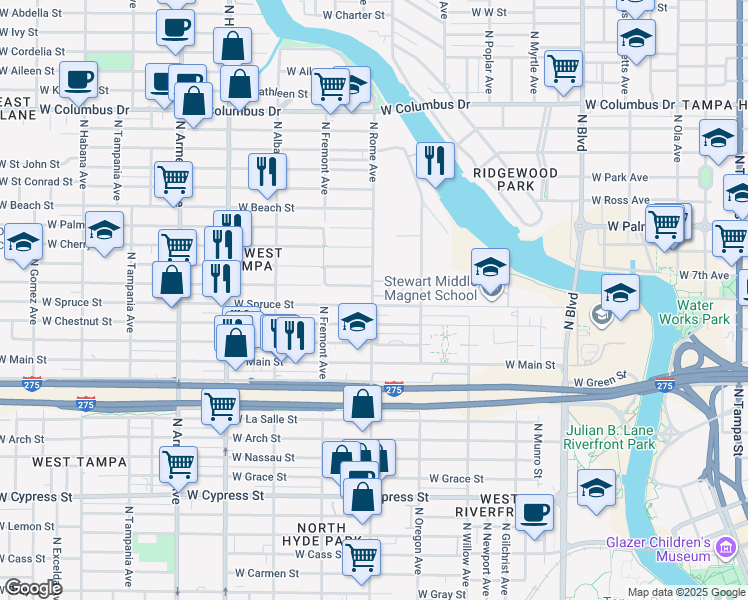 map of restaurants, bars, coffee shops, grocery stores, and more near 1546 Walnut Terrace in Tampa