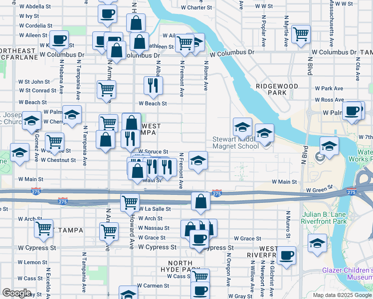 map of restaurants, bars, coffee shops, grocery stores, and more near 1904 West Walnut Street in Tampa