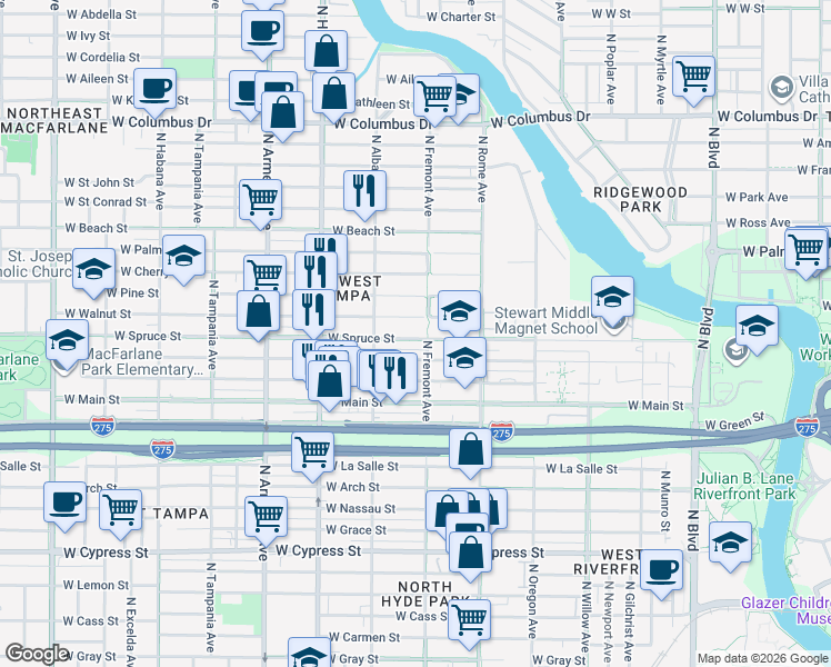 map of restaurants, bars, coffee shops, grocery stores, and more near 1904 West Walnut Street in Tampa