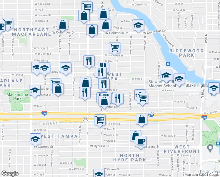 map of restaurants, bars, coffee shops, grocery stores, and more near 2128 West Walnut Street in Tampa