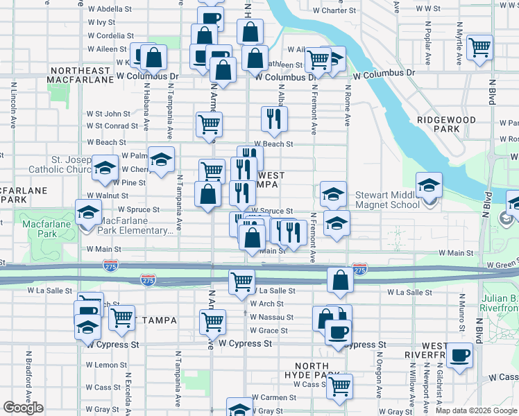 map of restaurants, bars, coffee shops, grocery stores, and more near 2128 West Walnut Street in Tampa