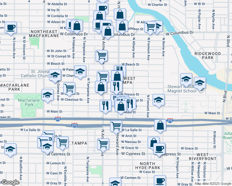 map of restaurants, bars, coffee shops, grocery stores, and more near 2318 West Walnut Street in Tampa