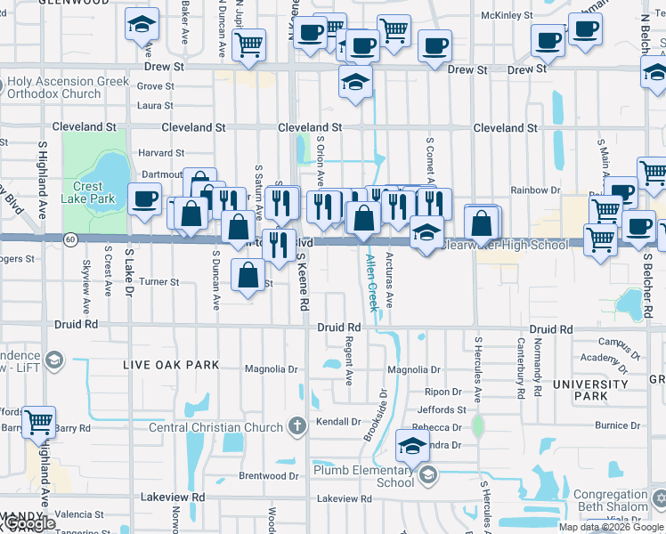 map of restaurants, bars, coffee shops, grocery stores, and more near 1849 Gulf to Bay Boulevard in Clearwater