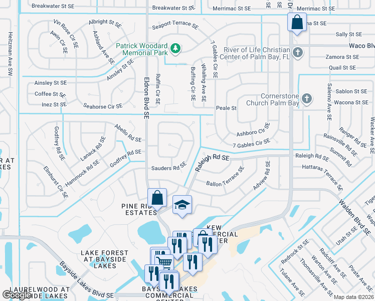 map of restaurants, bars, coffee shops, grocery stores, and more near 590 Londonderry Circle Southeast in Palm Bay