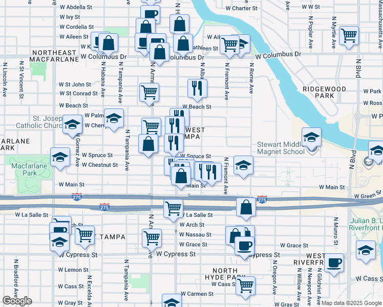 map of restaurants, bars, coffee shops, grocery stores, and more near 2119 West Spruce Street in Tampa