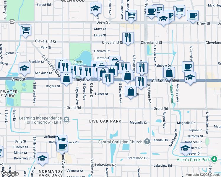 map of restaurants, bars, coffee shops, grocery stores, and more near 1667 Gulf to Bay Boulevard in Clearwater