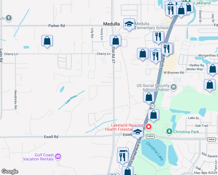 map of restaurants, bars, coffee shops, grocery stores, and more near 1005 Old South Drive in Lakeland