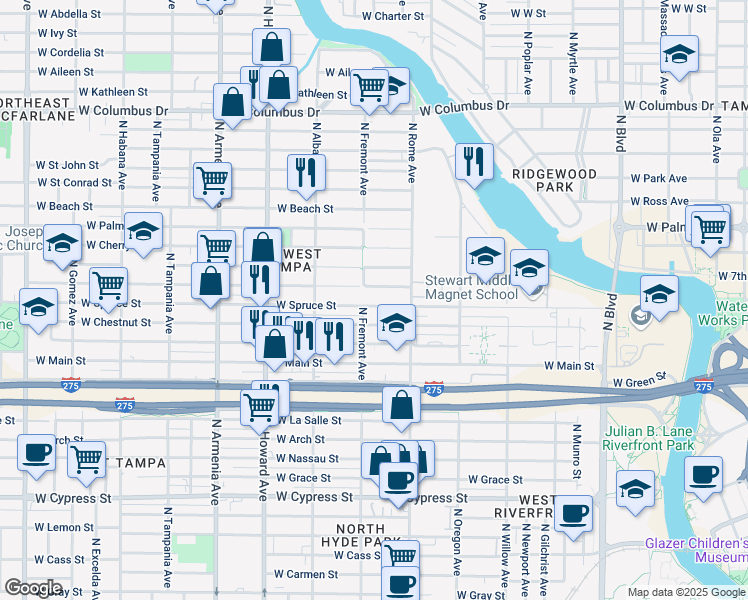 map of restaurants, bars, coffee shops, grocery stores, and more near 1710 B West Walnut Street in Tampa