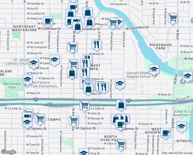 map of restaurants, bars, coffee shops, grocery stores, and more near in Tampa